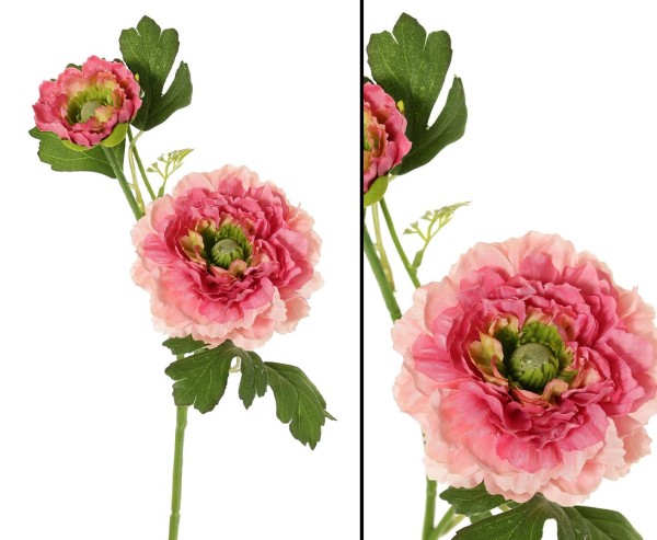 Ranunkel Kunstblume 46cm mit 2 rosafarbigen Blüten und 1 Knospe
