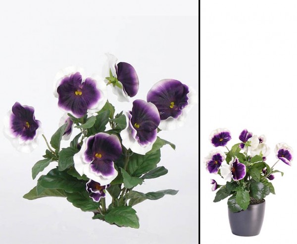 Künstlicher Stiefmütterchen Busch mit 9 weiß lila farbigen Blüten mit ca. 33cm