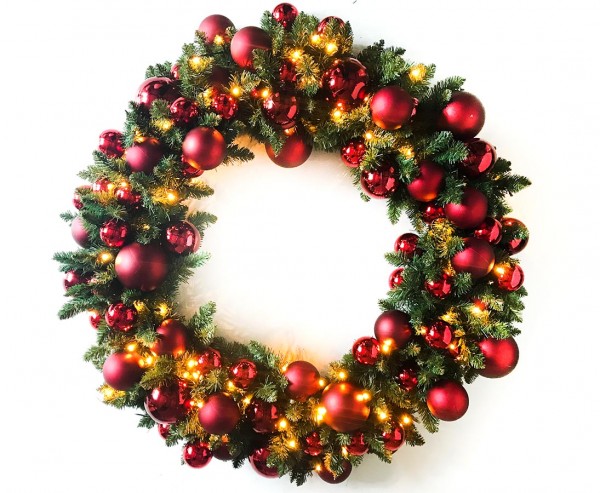 Künstlicher Adventskranz 75cm geschmückt mit 48 roten Kugeln und LED-Beleuchtung