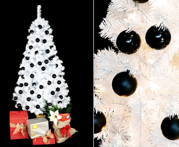Fertig geschmückter Weihnachtsbaum weiß mit schwarzen Kugeln 180cm und 192 LEDs