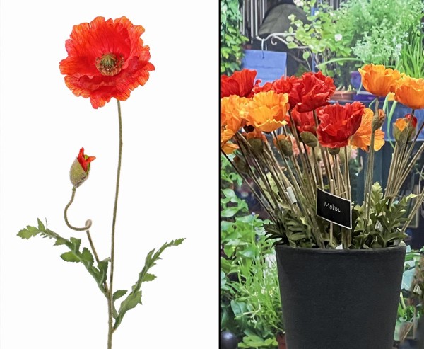 Künstliche Mohnblume 62cm mit rotfarbigen Blüten und beflockten Stiel