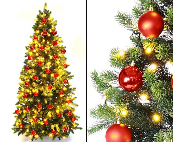 Künstlicher Tannenbaum mit Spritzguss Nadeln LED Beleuchtung und roten Kugeln 180cm