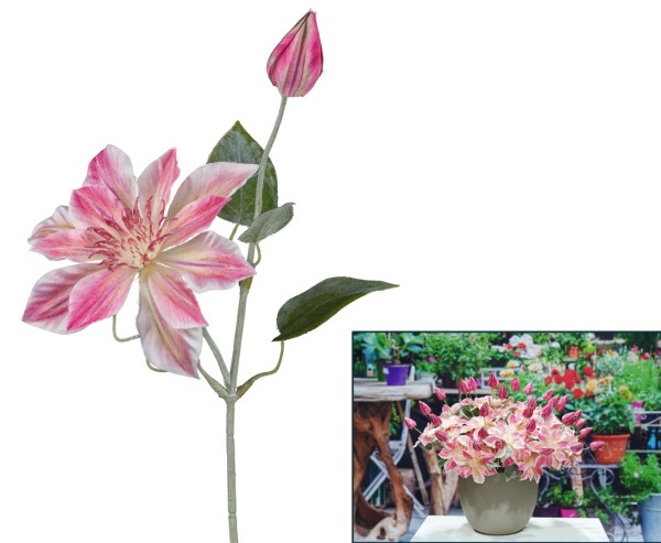 Clematis Kunstblume 46cm mit rosa farbiger Blüte und Knospe