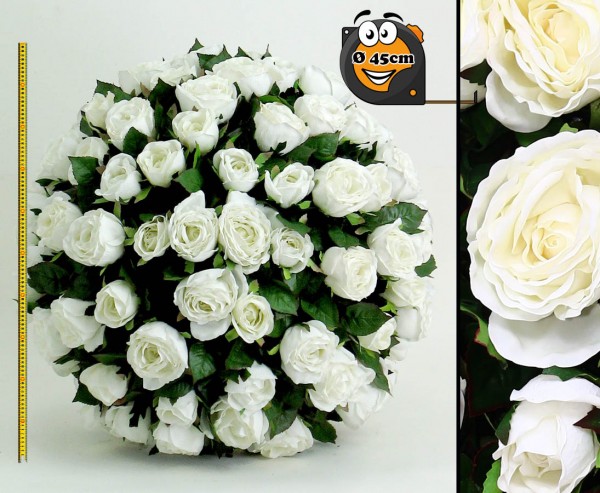 Künstlicher Rosenball mit weißen Blüten Durch. 45cm, Kern aus EPS