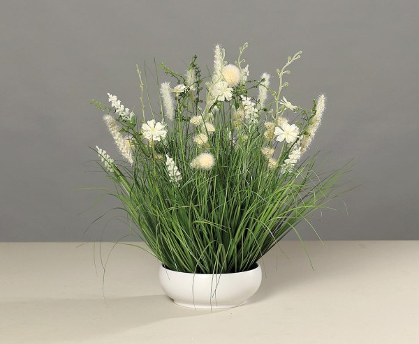 Wiesen Kunstblumen Arrangement creme-weiß farbig in runder Schale mit 50cm