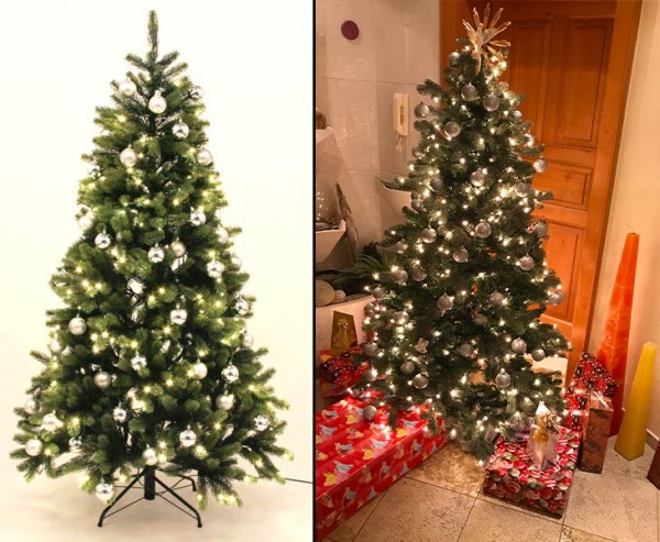 Tannenbaum mit Spritzguss Nadeln LED Beleuchtung und silbernen Kugeln 180cm