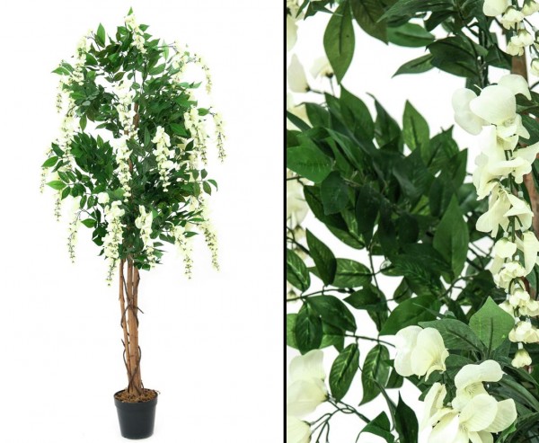 Künstlicher Goldregenbaum mit weißen Blüten 150cm im Zementtopf