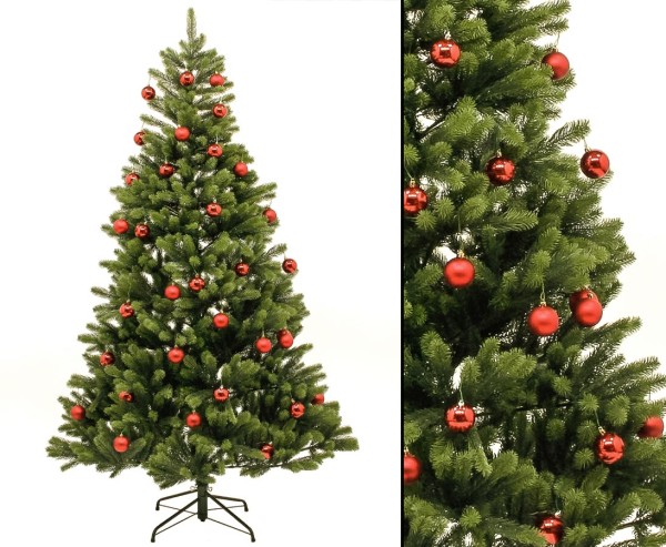 Künstlicher Tannenbaum 180cm mit roten Kugeln, Spritzguss Nadeln schwer entflammbar