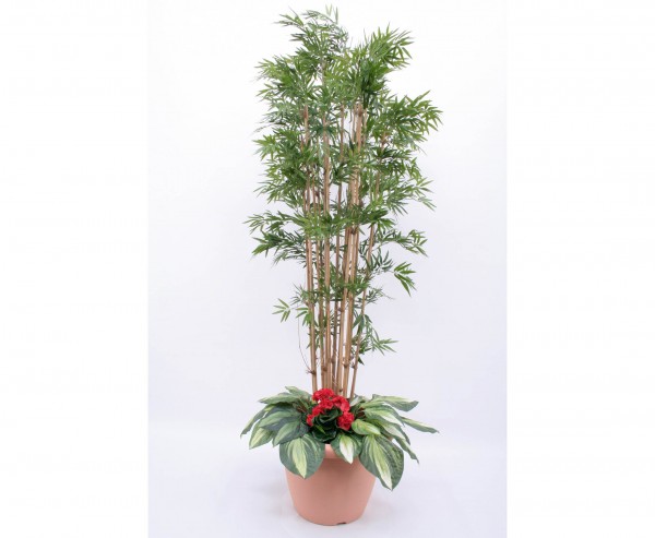 Kunstpflanzen Arrangement Bambus mit roten Geranien Höhe 210cm