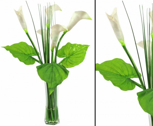 Calla Blumen Set im Glas, mit 3 Blätter, 5 Blüten, Höhe 64cm