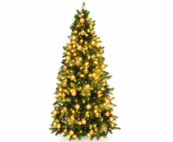 PE Weihnachtsbaum mit Beleuchtung und goldene Kugeln 210cm Spritzguss Nadeln B1