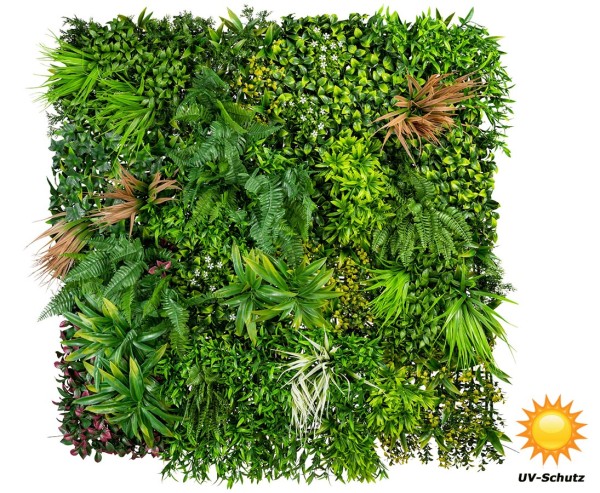 Künstliche Wandmatte 100x100cm mit Farnen Gräsern und Blüten "Premium" UV-beständig