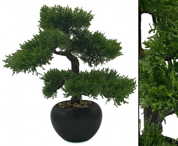 Kunstbaum Tisch Bonsai Zeder mit 33cm in schwarzen Keramiktopf