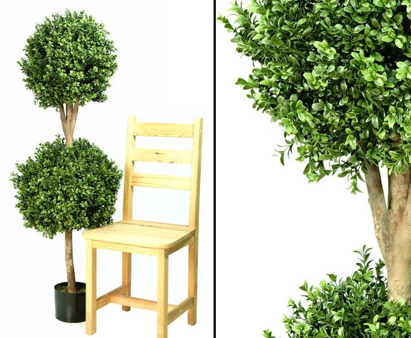 Kunstbaum Buchs mit Naturstamm Höhe 140cm und 2 Kugeln 40/50cm PE Blätter UV-sicher