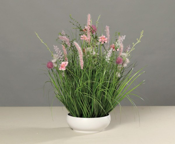 Wiesen Kunstblumen Arrangement pink-lila farbig in runder Schale mit 50cm