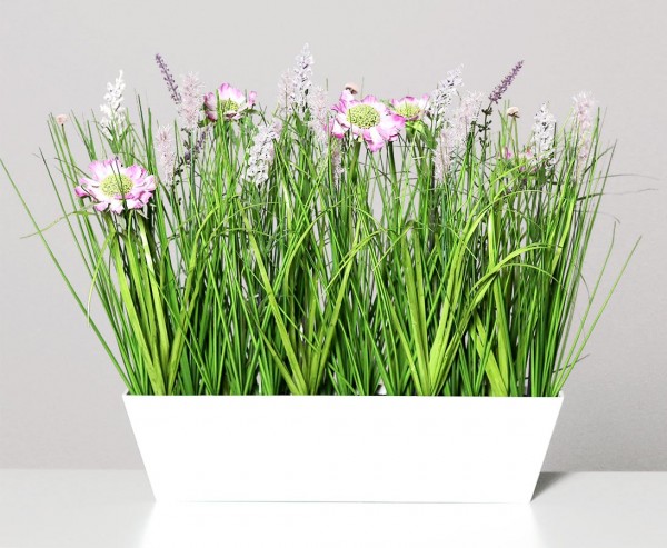 Kunstblumen Wiesen Arrangement pink-lila farbig in Schale mit 42cm