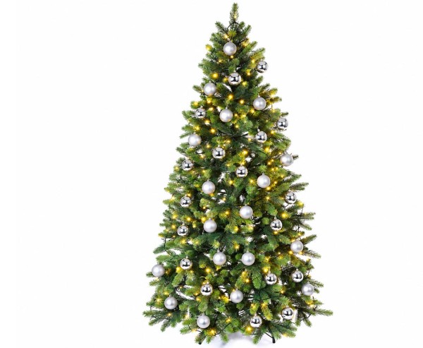Spritzguss Christbaum mit silbernen Kugeln und 498 Tips schwer entflammbar mit 150cm