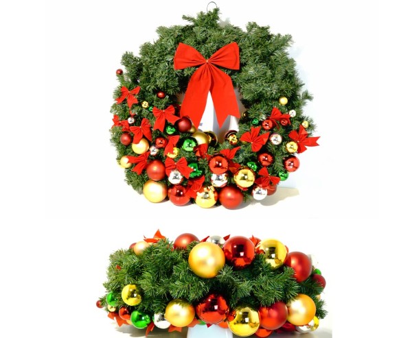 Künstlicher Adventskranz 95cm geschmückt mit Kugeln Schleifen und Hacken zum Aufhängen