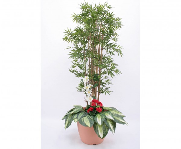Kunstbaum Arrangement Bambus mit roten Geranien Höhe 180cm
