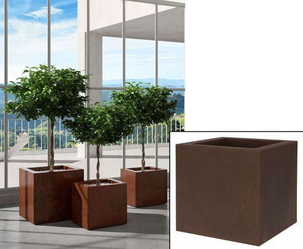 Übertopf Kube Rost farbig 30x30cm mit integrierten Rollen zum Schieben