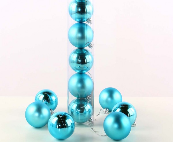 12er Set Christbaumkugeln Kunststoff petrol farbig mit 6cm matt und glänzend