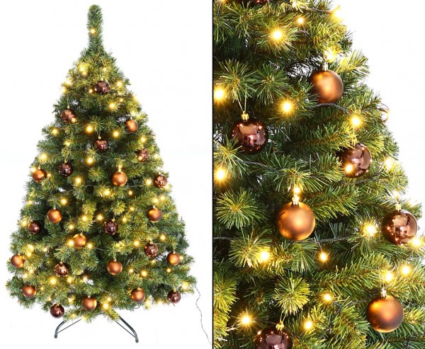 Christbaum 150cm "Maria" mit 24 braun farbigen Kugeln und Beleuchtung
