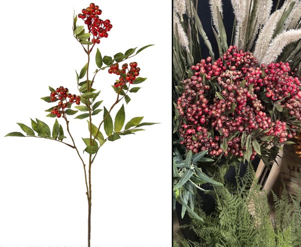 Vogelbeeren Zweig 85cm mit 4 Bündel rote Früchte und 59 Blätter