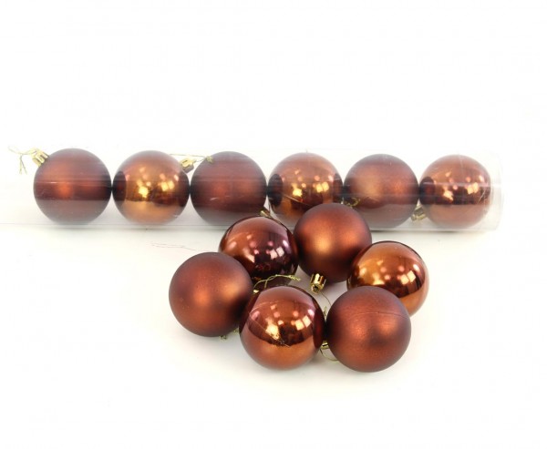 Christbaumkugeln 12er Set Kunststoff braun farbig mit 6cm matt und glänzend sortiert