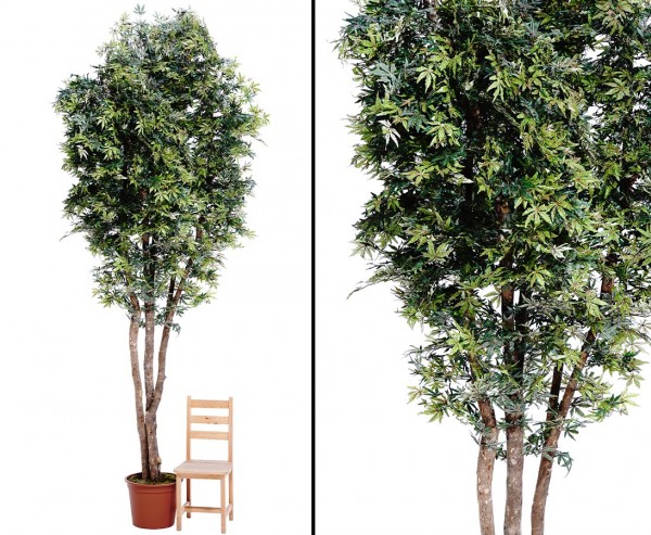 Ahorn Kunstbaum mit hell und dunkelgrünen rötlich geaderten Blättern und Naturstämmen 400cm
