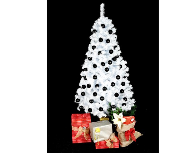 Weißer Christbaum 210cm fertig geschmückt mit schwarzen Kugeln und 288 LEDs