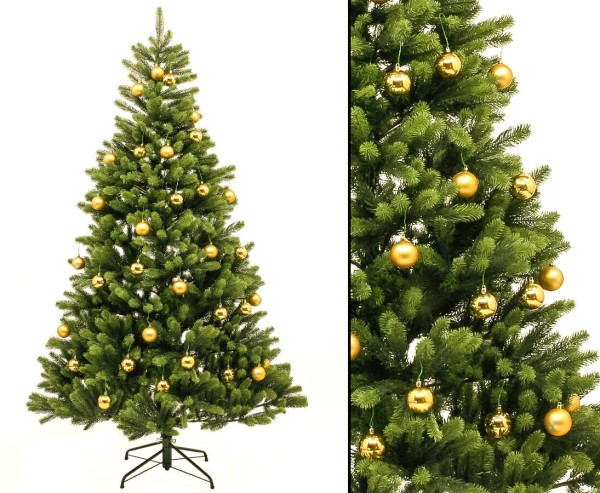 Künstlicher Tannenbaum 180cm mit goldenen Kugeln und Spritzguss Nadeln B1