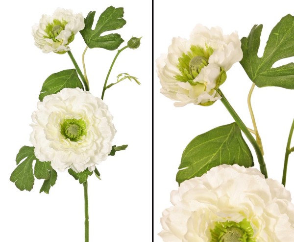 Ranunkel Kunstblume 46cm mit 2 weißfarbigen Blüten und 1 Knospe
