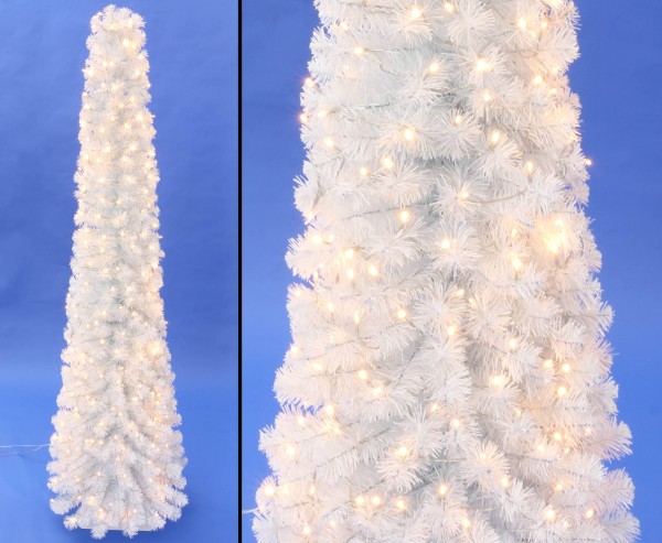 Künstliche Weihnachtsbaum Säule Kasan weiß 150cm mit 192 LEDs, 298 Zweigspitzen mit PVC Nadeln