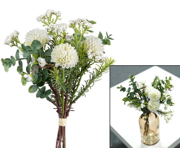 Blumenstrauß Pompon Dahlien als Mix Bund mit 7 Zweigen und weißen Blüten 28cm