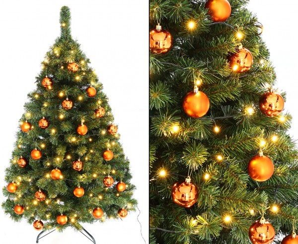 Christbaum 150cm "Maria" mit 24 orange farbigen Kugeln und Beleuchtung