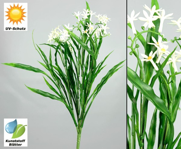 Wetterfester PE Narzissen Busch mit 8 UV-sicheren Stängel und weißen Blüten 45cm