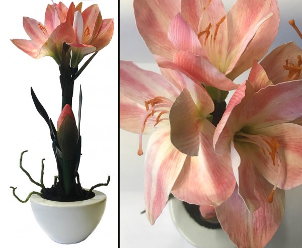Amaryllis Kunstblume rosa farbige Blüten im Keramiktopf mit 43cm