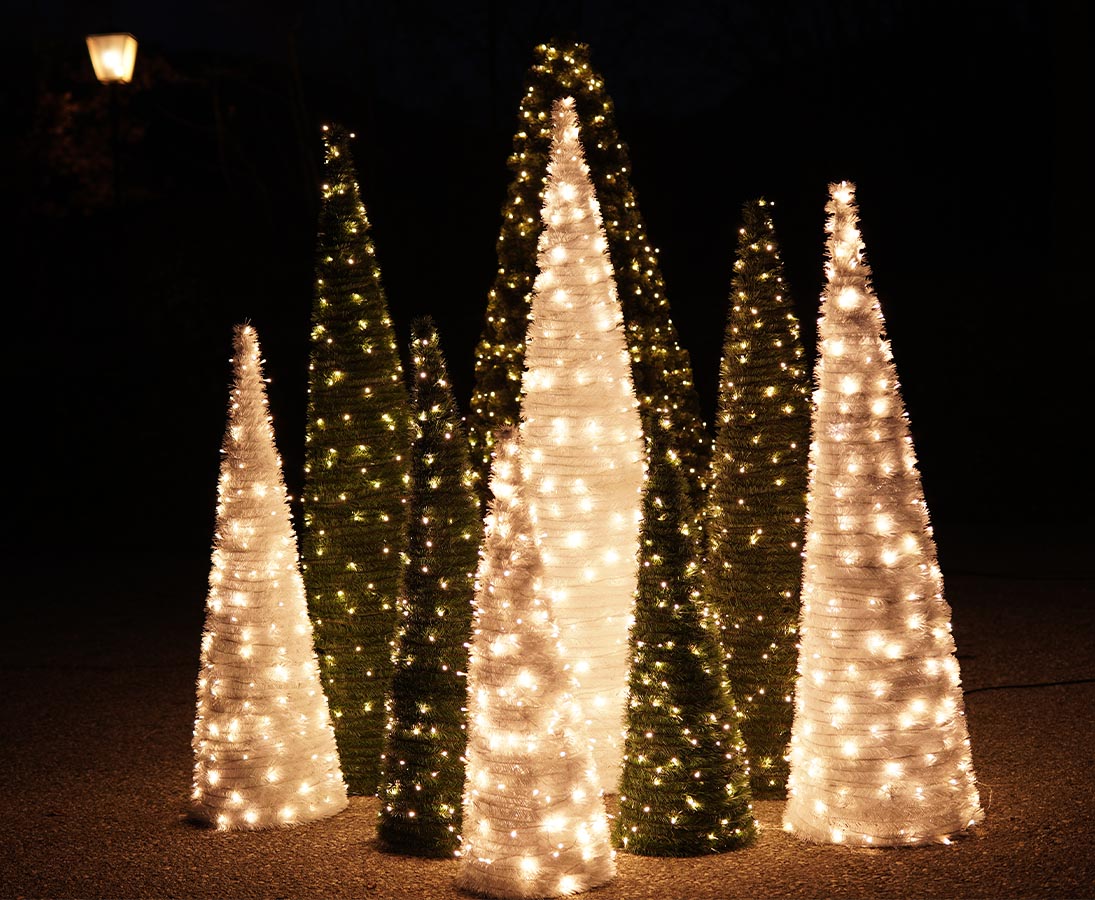 Kegelfoermige Weihnachtsbaeume beleuchtet in der Nacht