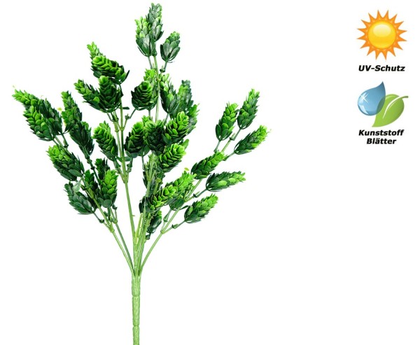 PE Hopfenzweig wetterfest mit 62 UV-sicheren grün farbigen Dolden 38cm