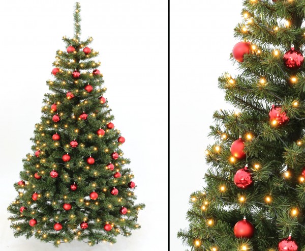 Tannenbaum schwer entflammbar mit roten Kugeln und Beleuchtung Höhe 180cm