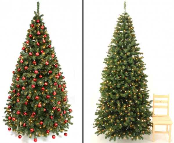 Geschmückter künstlicher Weihnachtsbaum 270cm mit roten Kugeln und LEDs, schwer entflammbar