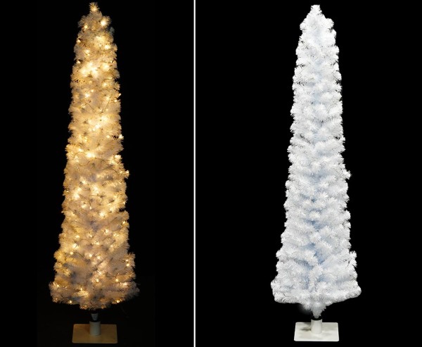 Künstliche weiße Christbaumsäule Kasan 180cm mit LED-Lichterkette PVC Nadeln in B1