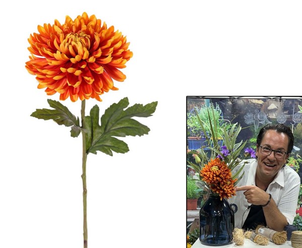 Kunstblume Chrysantheme mit hell orangefarbiger 15cm breiter Blüte und einer Länge von 65cm