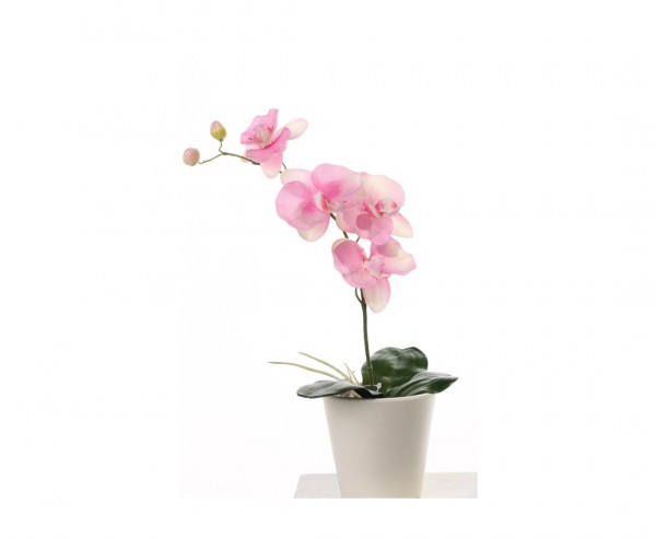 Orchidee künstlich mit 4 rosa farbigen Blüten und 3 Blättern, Höhe ca. 44cm