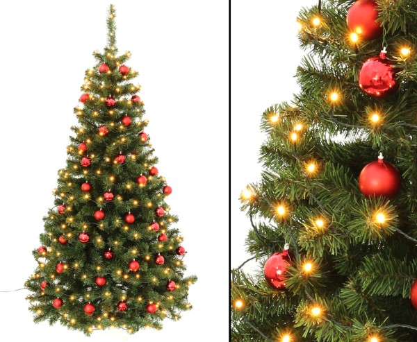 Geschmückte Weihnachtsbäume 210cm mit rot farbigen Kugeln und LED Lichterketten
