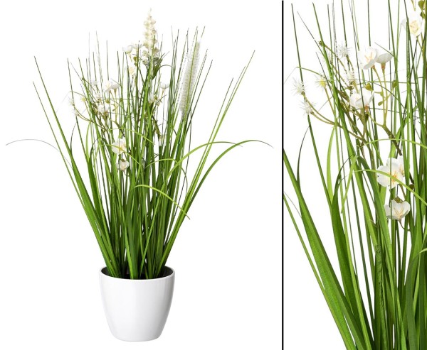 Kunstpflanzen Wiesenblumengras creme-weiß farbig im Topf mit 41cm