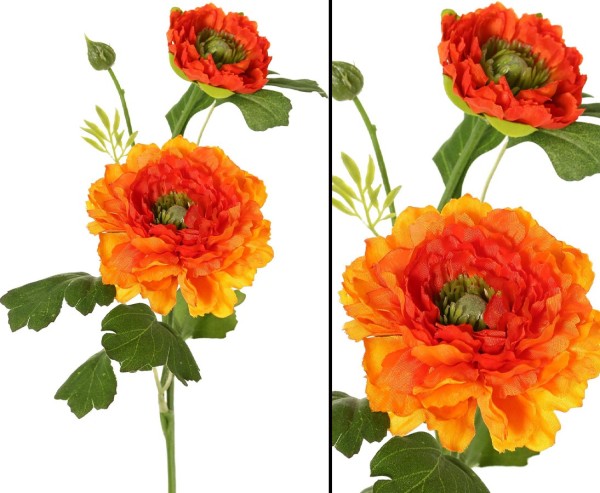 Ranunkel Kunstblume 46cm mit 2 orange rötlichfarbige Blüten und 1 Knospe