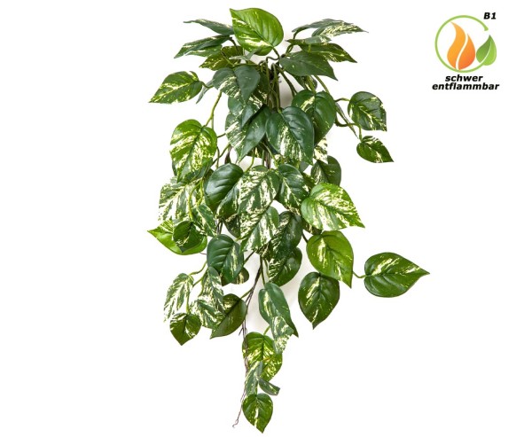 Künstliche Hängepflanze Pothos 70cm mit schwer entflammbaren 66 herzförmigen Blättern