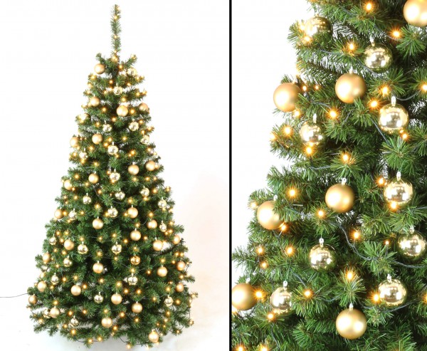 Künstliche Weihnachtsbäume mit Christbaumkugeln gold und LEDs, Höhe 210cm, schwer entflammbar