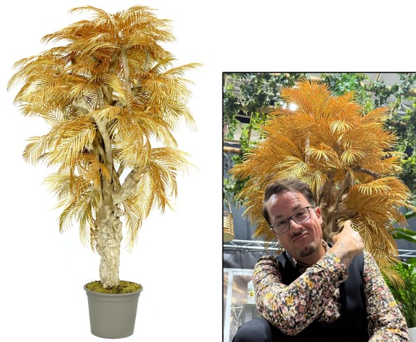 Kunstpflanze mit goldenen Palmwedel 200cm mit dickem Echtholzstamm